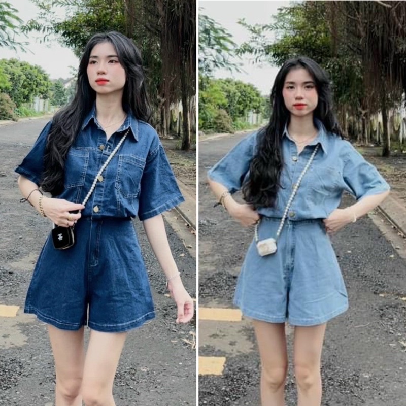 jumpsuit jum ngắn jean xanh đậm xanh nhạt