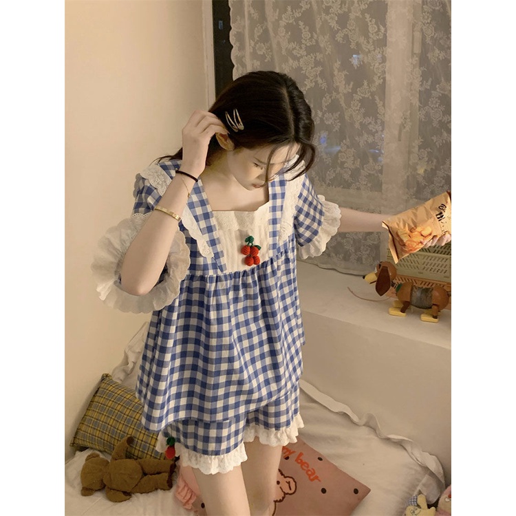 Bộ Đồ Ngủ Tay Ngắn Phối Ren Họa Tiết Cherry Dễ Thương Thời Trang Mùa Hè Cho Nữ