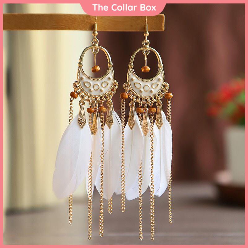 Khuyên tai lông vũ dài hoa tai boho nữ thời trang phong cách cổ điển dân tộc - Mã HT054
