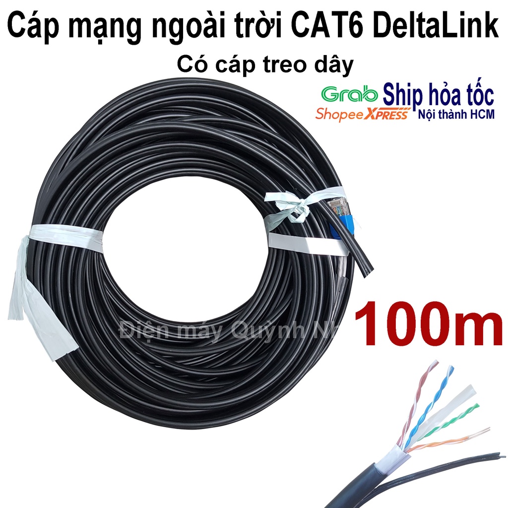 Cuộn 100m cáp mạng ngoài trời Cat6 DELTALINK lõi lớn 23AWG có dây thép gia cường, treo dây