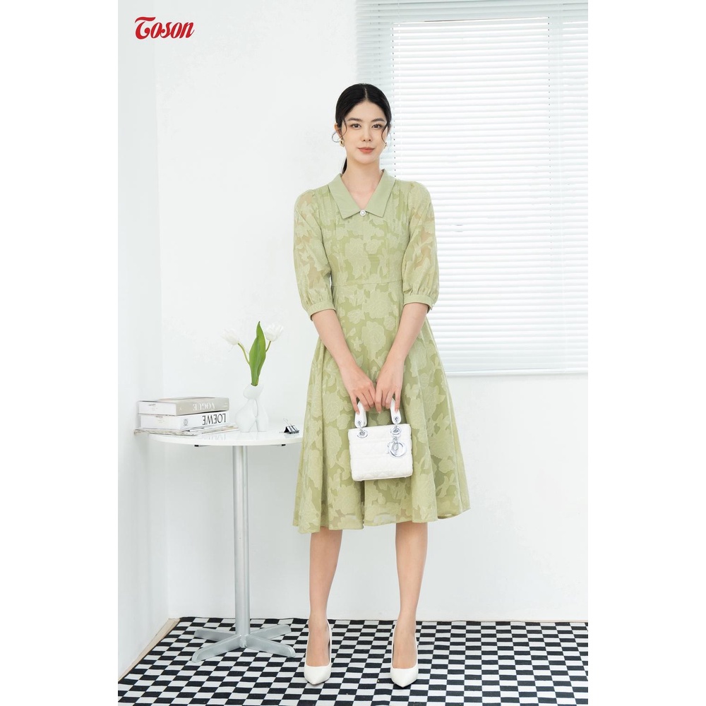 Đầm xanh mint tơ thêu nổi, dáng xòe, cổ sen (SXTN) Toson 43952X82