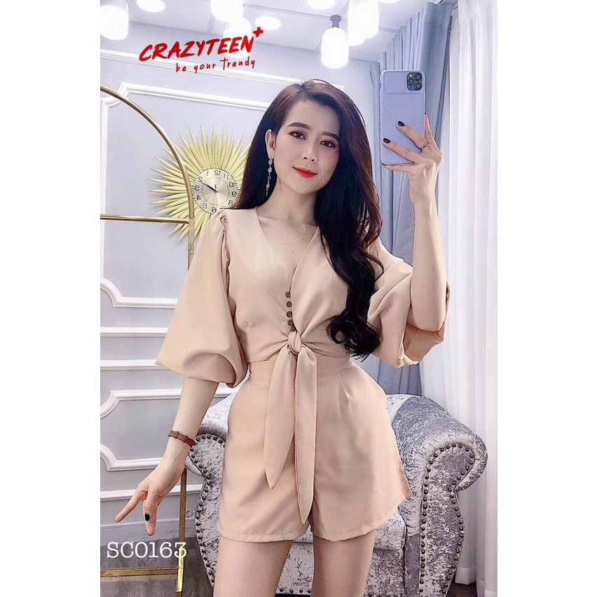 (Sale FreeShip) Sét bộ đùi nữ đi chơi,áo croptop tay phồng cột nơ cá tính mix quần có túi,diện đi đâu cũng xinh