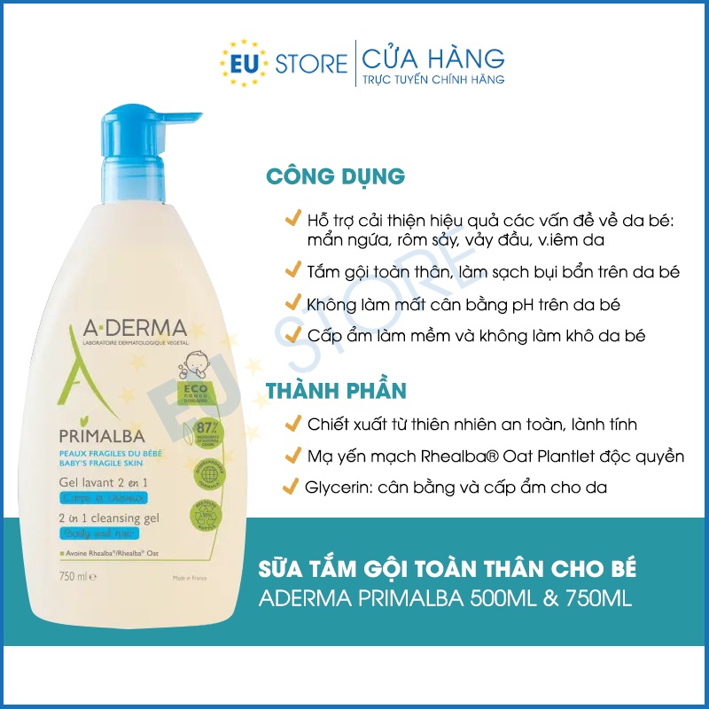 Sữa tắm gội Aderma cho bé sơ sinh 500ml & 750ml dưỡng ẩm, giảm rôm sảy, v.iêm da cơ địa