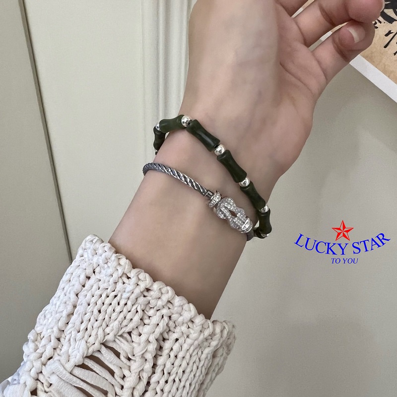 Vòng tay đá xanh ngọc đốt trúc tự nhiên và thép titan thời trang thời đại mới phá cách  nam nữ  trẻ trung mới lạ độc đáo