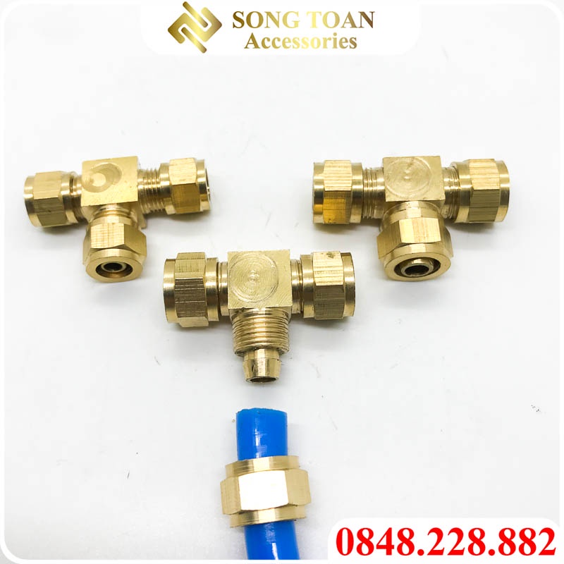 Tê Chia 3 Đầu Cắm Lòng Trong Ống PU Có Nón Rắc Co Xiết Thành Ống - Bằng Đồng Thau Phù Hợp Cho Hơi Khí Chất Lỏng