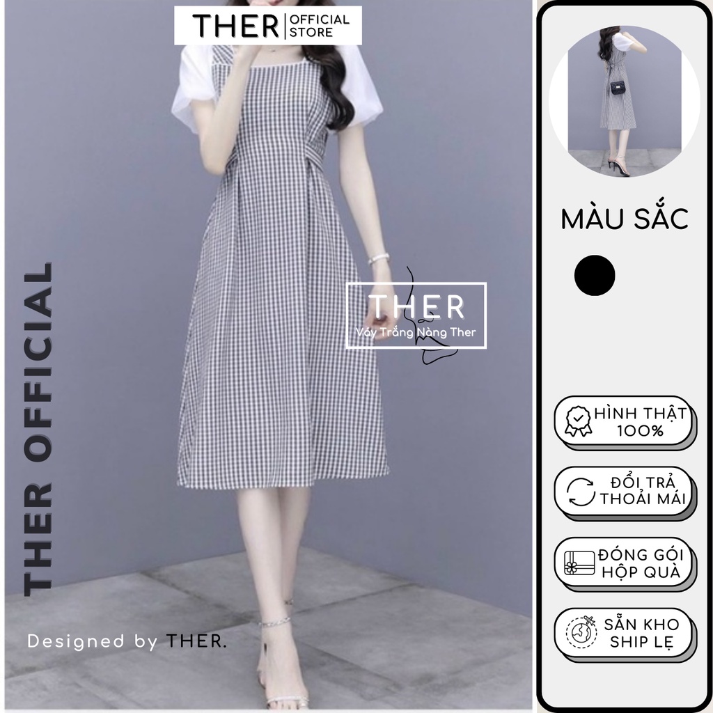 Đầm Nữ Công Sở Cổ Vuông Thắt Nơ Eo Sau Phối Tay Ngắn Voan Trắng Thanh Lịch, Đầm Nữ Form Dài Dáng Xoè Caro Đen