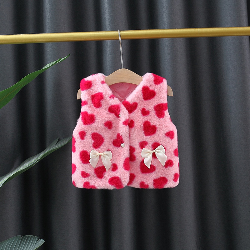 Áo Khoác Bông Dày Không Tay Giữ Ấm Thoải Mái Đính Nơ In Họa Tiết Trái Tim Dành Cho Bé Gái 0-3 Tuổi
