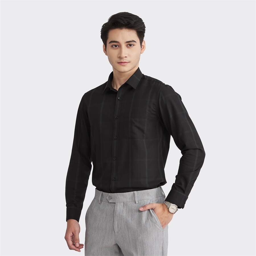 Áo sơ mi nam dài tay ARISTINO ALS06302 Somi công sở cao cấp màu đen kẻ chìm Vải sợi sồi dáng suông tà lượn có túi ngực