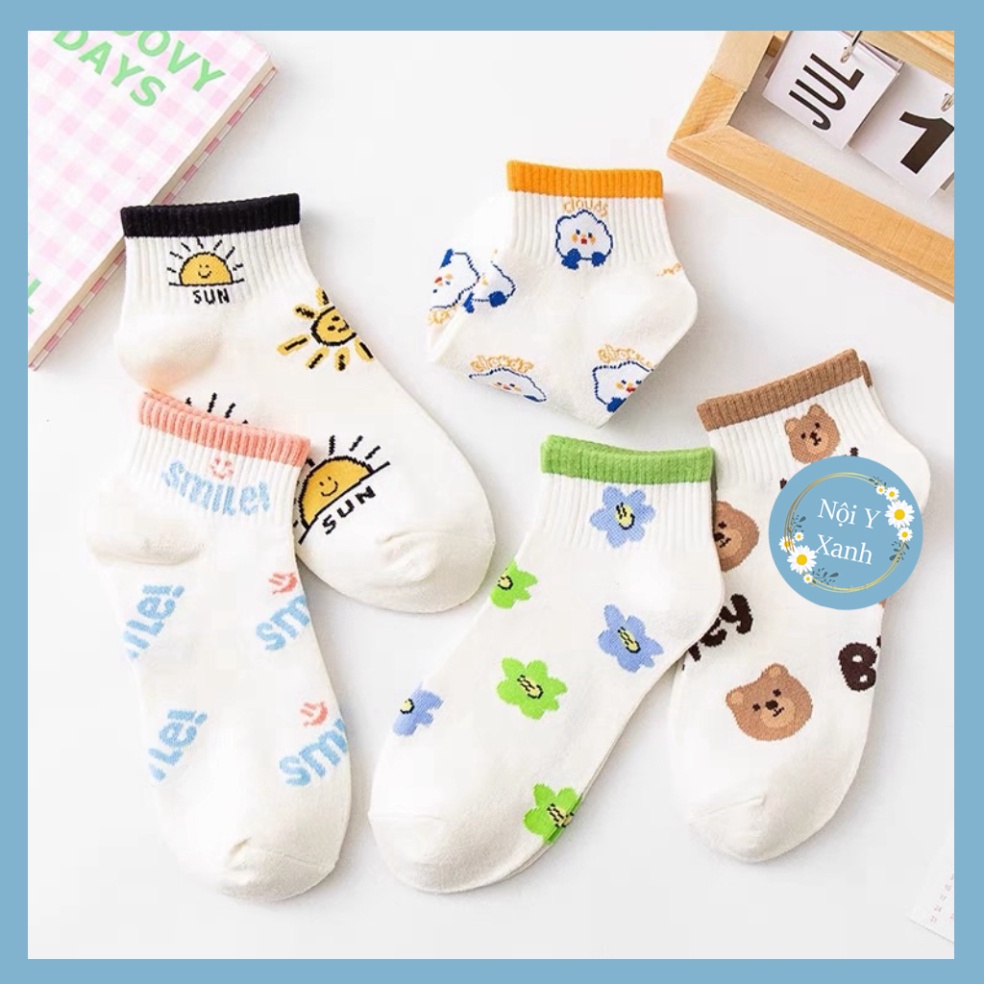 Tất Smile cổ ngắn nữ, vớ nữ chất vải cotton co và giãn bốn chiều thoáng khí tt6 nội y xanh, chất ấm, thoáng khí