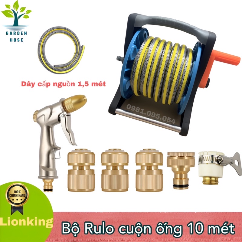Combo bộ vòi tưới cây, Vòi xịt tăng áp,vòi xịt rửa 10 mét có rulo cuộn ống nước Lionking,vòi kim loại chất liệu inox 304