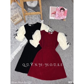 Đầm thiết kế đi tiệc Quỳnh House vải nhung dáng xòe tay pha tơ xinh xắn ảnh thật tự chụp