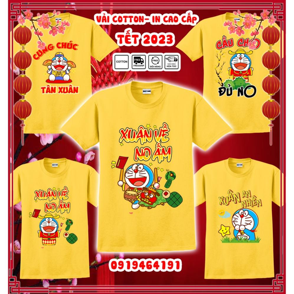 Áo thun doraemon tết quý mão 2023 màu vàng, áo thun tết con mèo doraemon, vải dày mịn mát, in cao cấp - Có size trẻ em