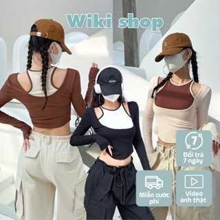 Áo yếm croptop nữ, áo thun dài tay nữ cổ yếm khoét vai dáng lửng freesize phom ôm sexy cá tính hàn quốc WIkishop C1143