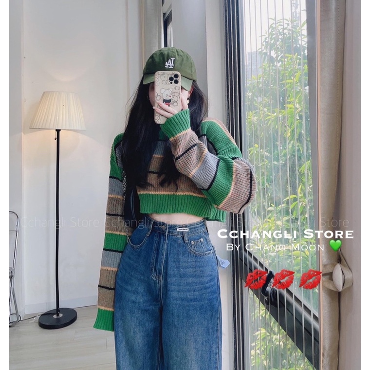 Áo croptop len phối màu, áo len ngắn nữ hàng quảng châu chất đẹp