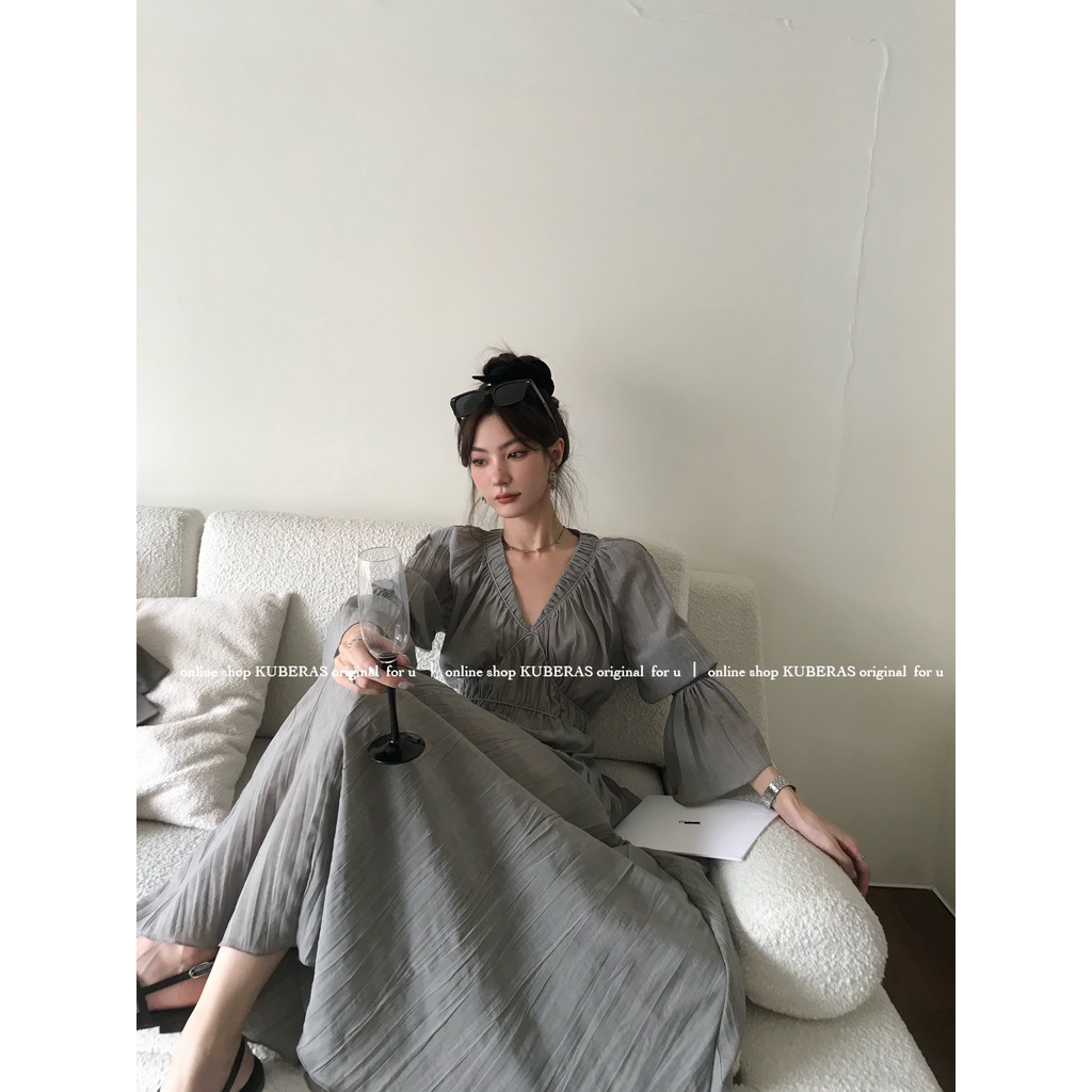 Đầm midi cổ chữ V xếp ly phong cách Pháp thanh lịch cho nữ