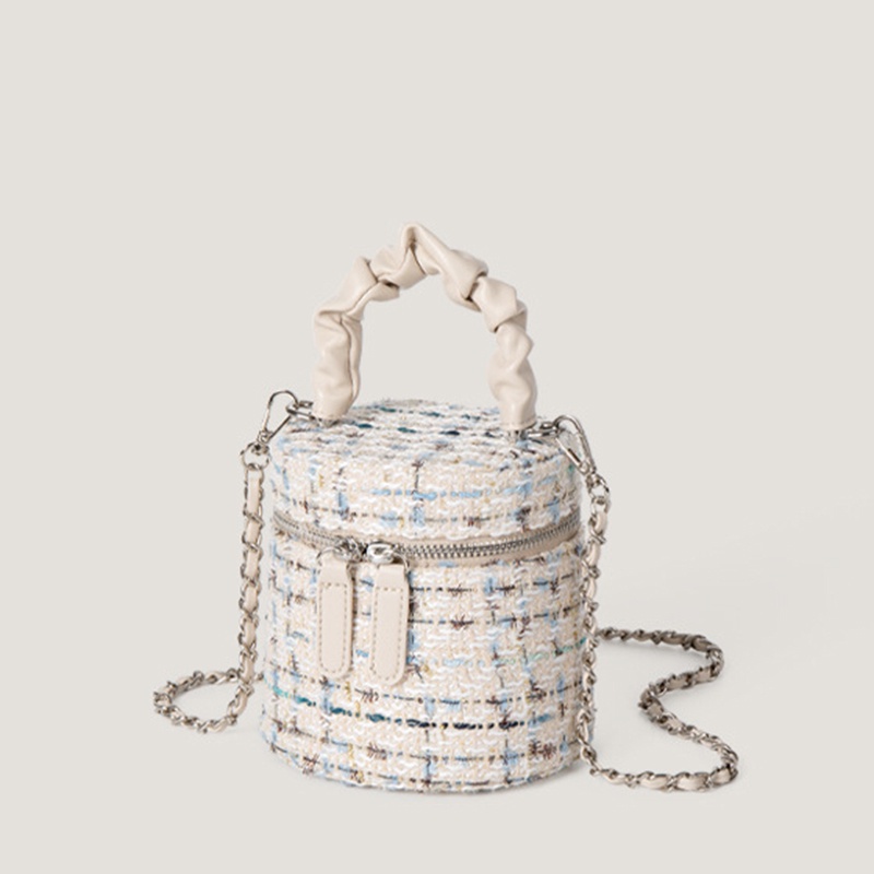 Túi Đeo Chéo Bằng Vải Len Phối Dây Xích Hình Trụ Thời Trang Dành Cho Nữ