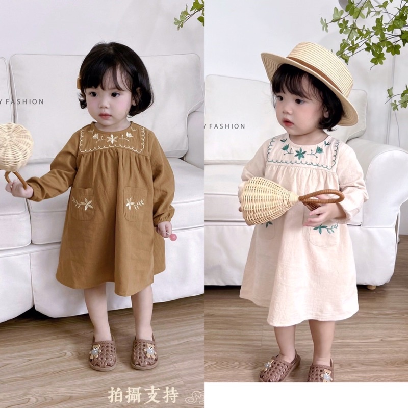 Váy thêu hoa Beemo dài tay vintage kiểu dáng babydoll dễ thương cho bé gái