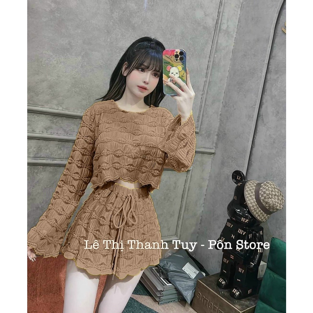 (FreeShip 2022) Sét bộ đùi nữ,bộ len ren tay loe from croptop mix quần,chất đẹp hàng chuẩn shop,diện đi đâu cung chanh s