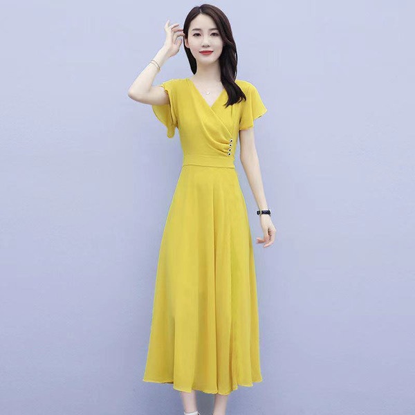 Đầm Dài Cổ Chữ V Nhấn Eo Thời Trang Mùa Hè 2022 Dành Cho Nữ