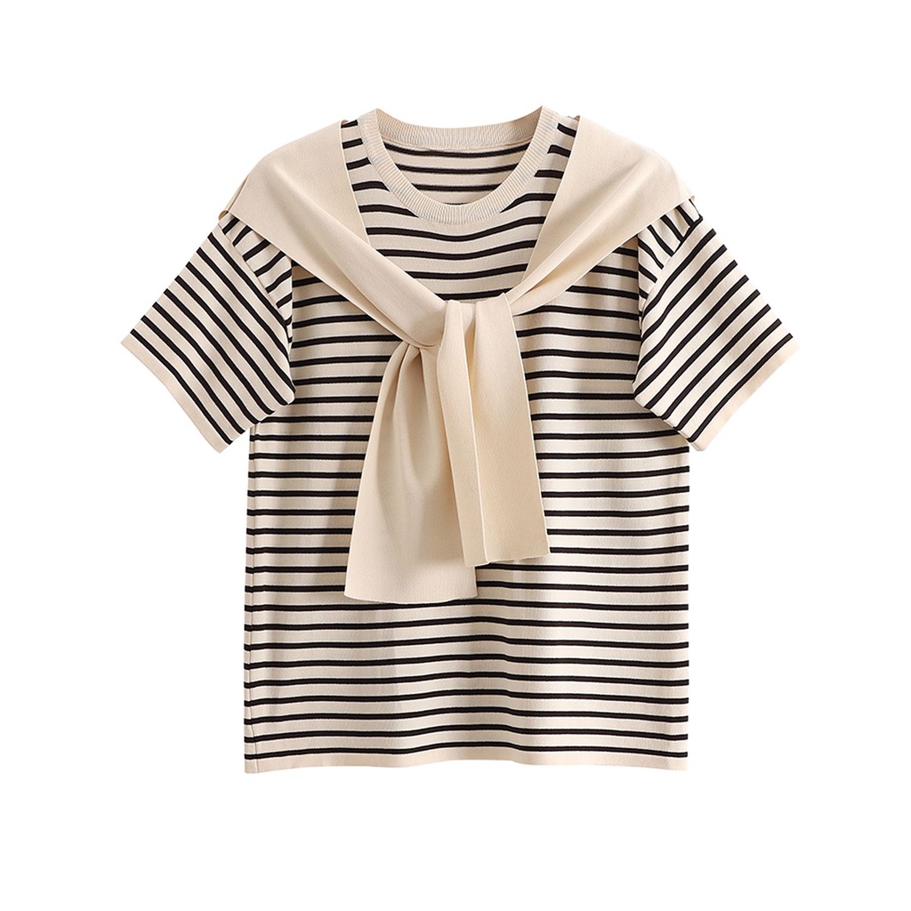 Áo Thun Tay Ngắn Cổ Tròn Họa Tiết Kẻ Sọc Thời Trang Mùa Hè Xinh Xắn Cho Nữ