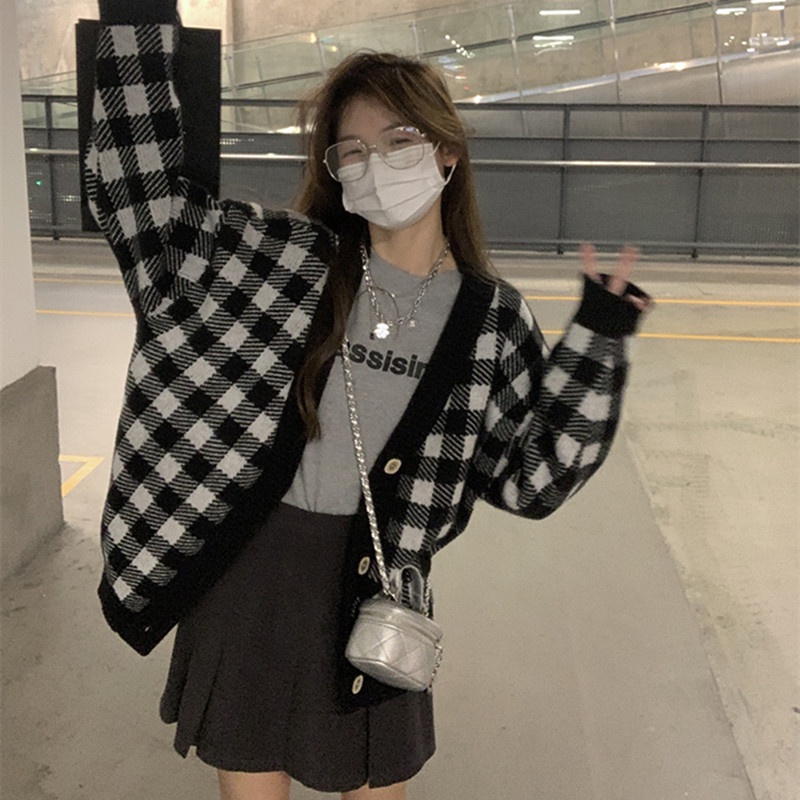 Áo cardigan khoác len nữ tay dài kẻ caro vintage nâu đen form dài rộng chất dày dặn kiểu Hàn Quốc hàng Quảng Châu C-7