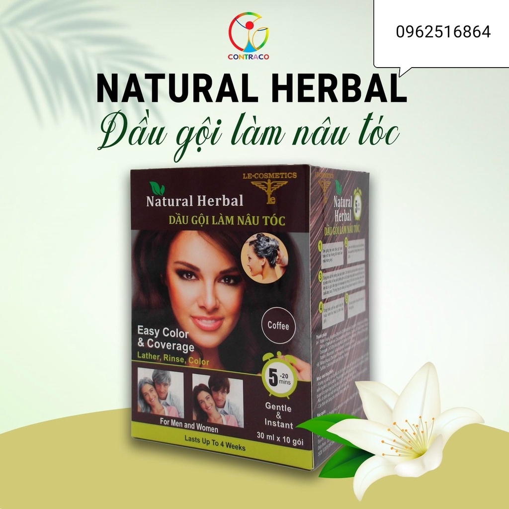 Dầu gội Natural Herbal - dầu gội làm nâu tóc, đen tóc (1 hộp 10 gói)