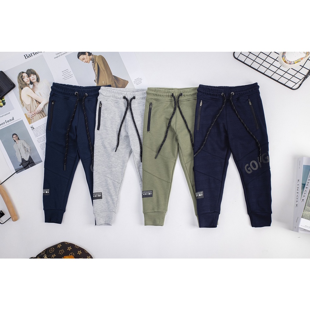 Quần nỉ jogger bé trai pc cotton co giãn in chữ size 12-32kg