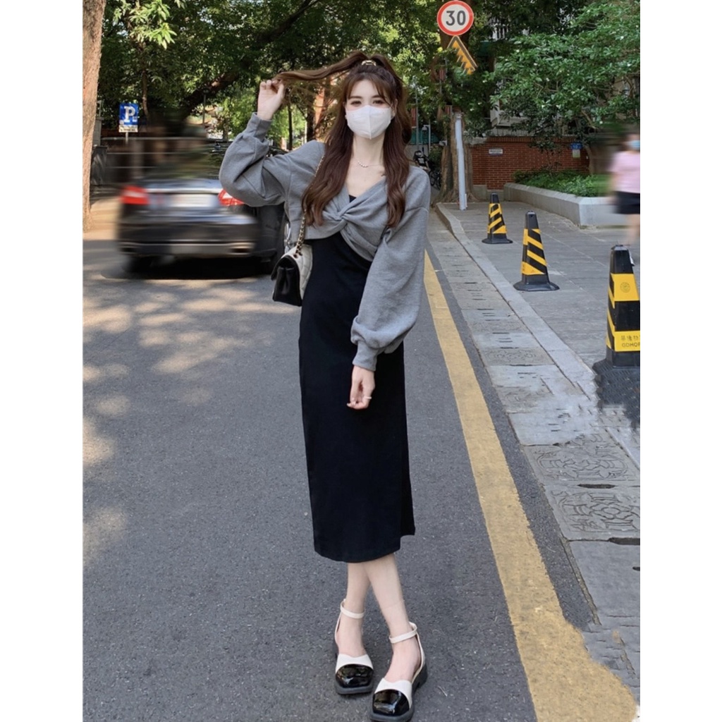 [Ảnh Thật/Video]: Set Váy Nữ 2 Dây Mix Áo Xoắn Ngực Tiểu Thư xinh 2 Màu