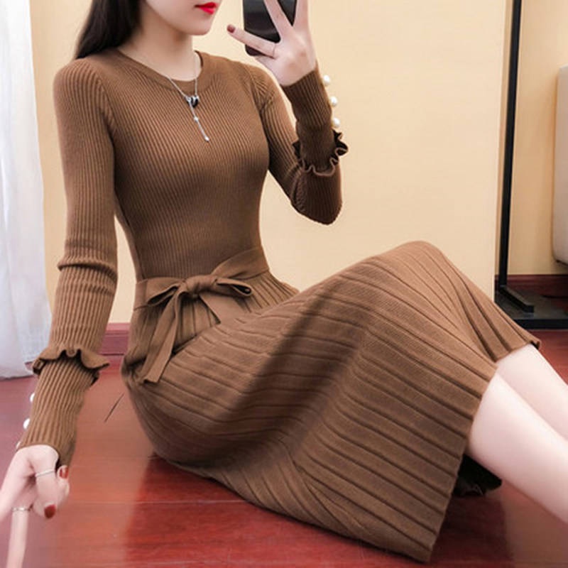 Đầm Dệt Kim Tay Dài Cổ Tròn Dáng Ôm Phong Cách Harajuku Thanh Lịch Quyến Rũ Cho Nữ