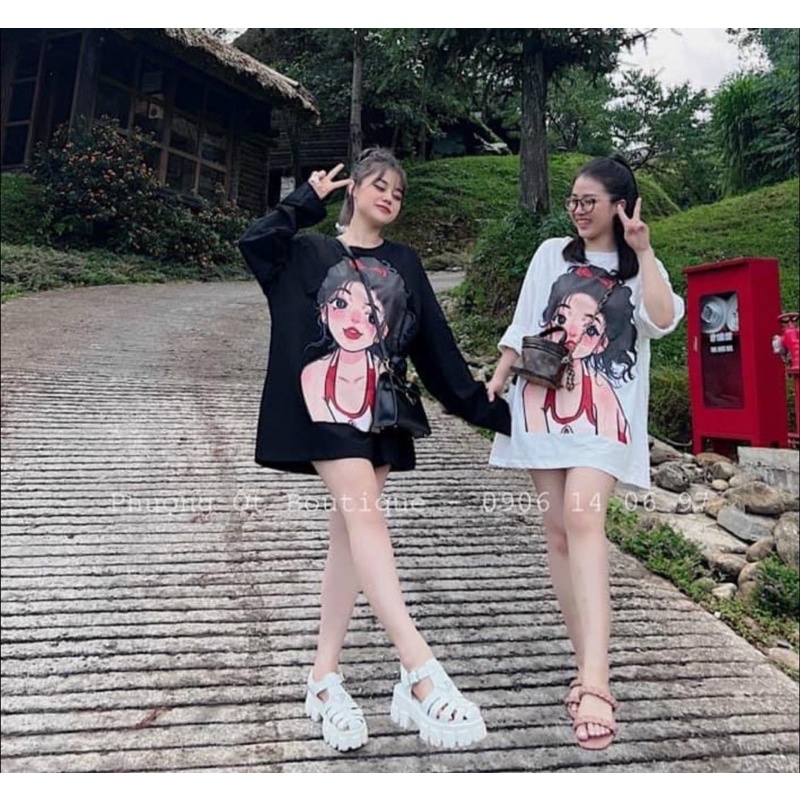 Áo phông dài tay in hình cô gái tóc cột nơ