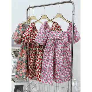 D038 - Đầm babydoll hoa nhí có nơ sau tay ngắn phồng dễ thương