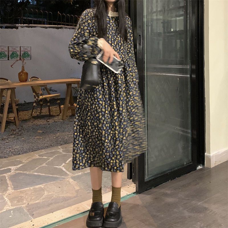 Váy babydoll Đầm Nhung Dáng Dài Họa Tiết Hoa Thời Trang Thu Đông 2022 Mới Cho Nữ