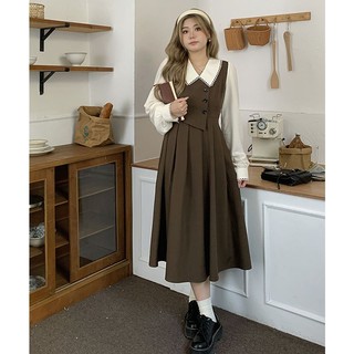 Plus Đầm Nữ Dài Tay Cổ Búp Bê Giả Hai Lớp Phong Cách Retro Thời Trang