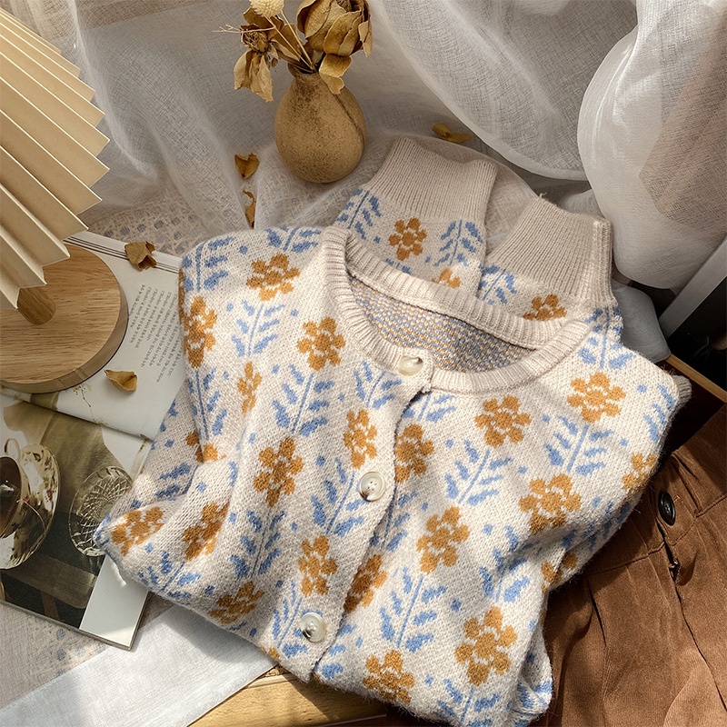 Áo khoác len nữ dệt kim dày dặn tay dài họa tiết hoa vintage, áo sweater cardigan nữ hàn quốc 9926