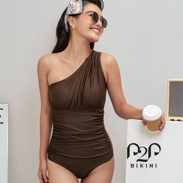 P2P BIKINI - Đồ bơi một mảnh lệch vai basic nâu đậm - MN360M_LV