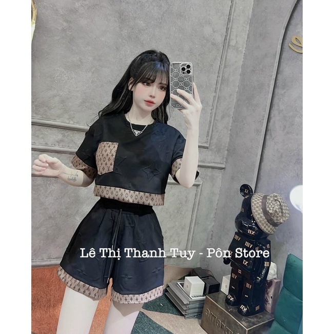 Sét bộ thời trang nữ mặc đi chơi chất bố hàng y shop crotop in nổi phối viền nâu mix quần đùi