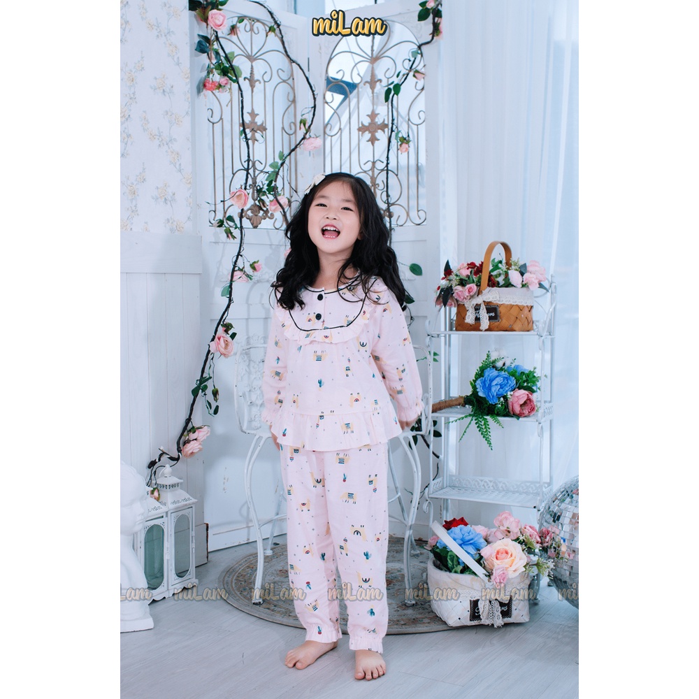 Bộ quần áo Pijama cổ tròn dài tay MILAM họa tiết dễ thương đáng yêu dành cho bé gái