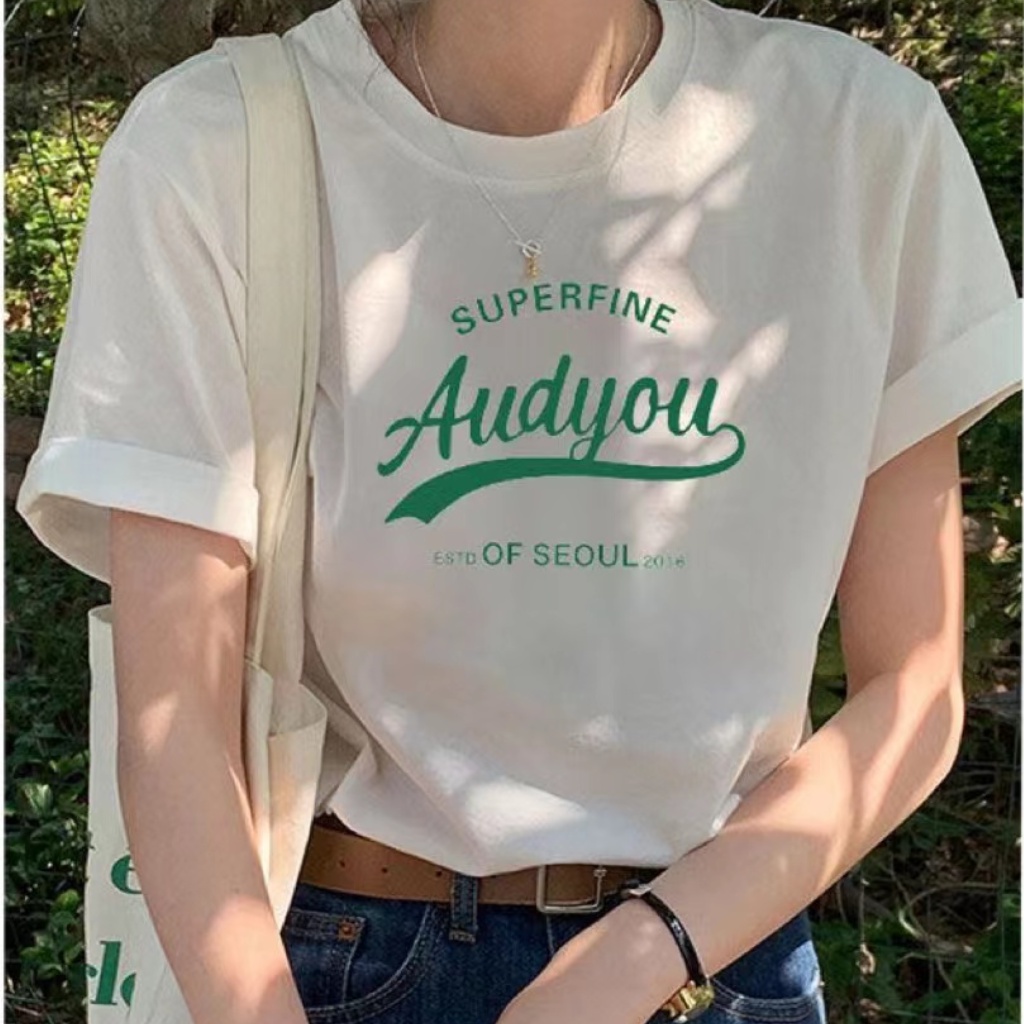 Áo thun BH cotton tay ngắn cổ tròn in chữ màu xanh lá thời trang mùa hè dành cho nữ