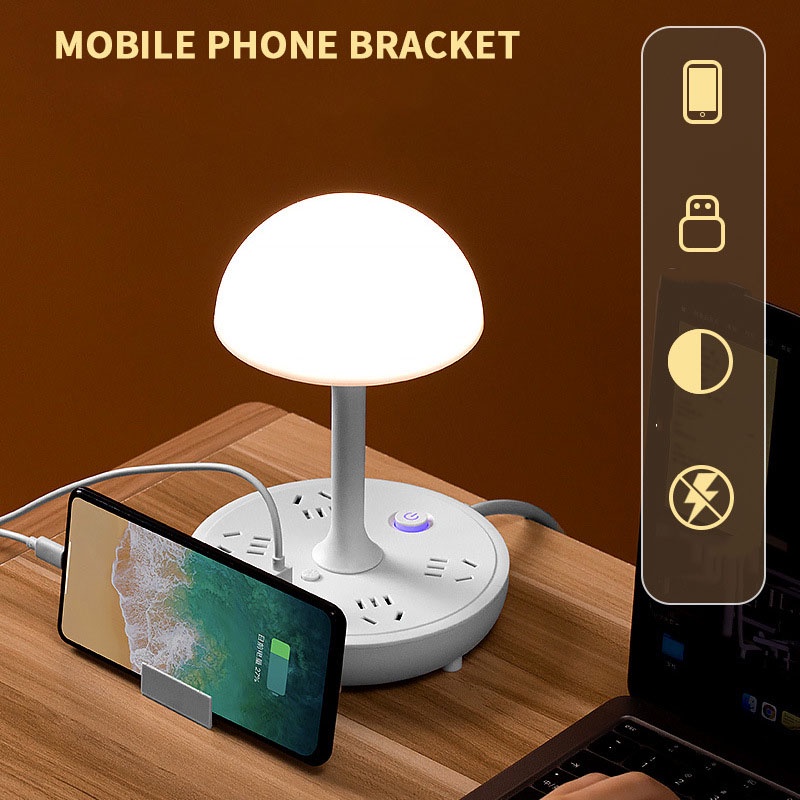 Đèn ngủ để bàn hình nấm tích hợp ổ cắm đa năng, sac USB, type C, giá đỡ điện thoại thông minh tiện dụng Ráp