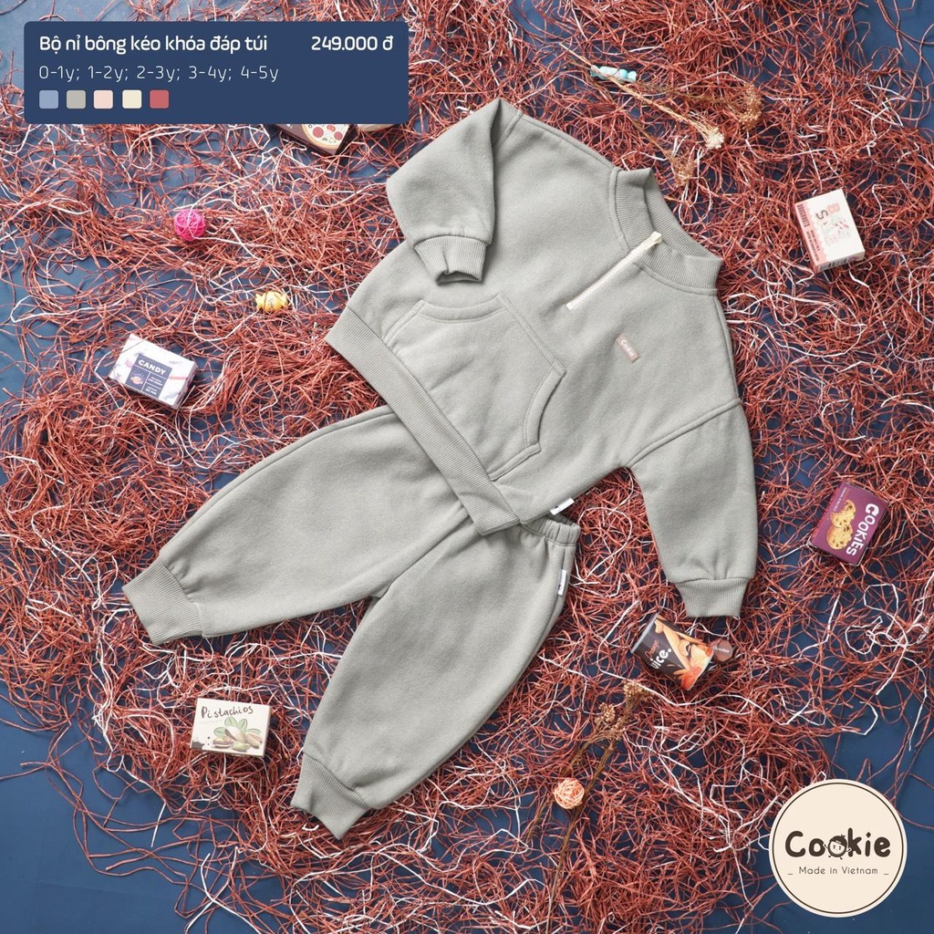 COOKIE Bộ nỉ bông hoodie kéo khóa