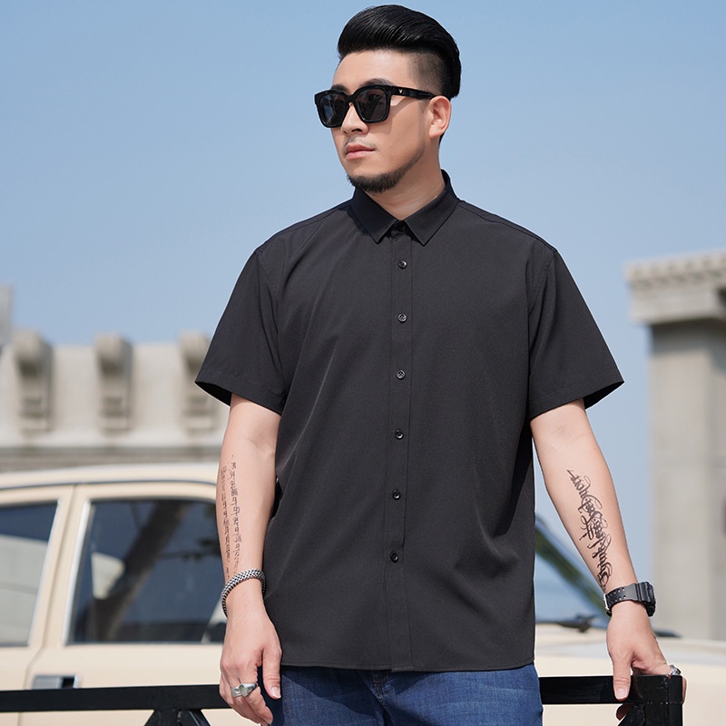 Áo Sơ Mi Đen Tay Ngắn Dáng Rộng Có Size Lớn 60-175KG Thời Trang Mùa Hè Cho Nam Giới