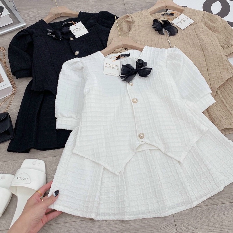 Sét bộ tiểu thư cao cấp áo nơ kèm chân váy chất gấm cao cấp