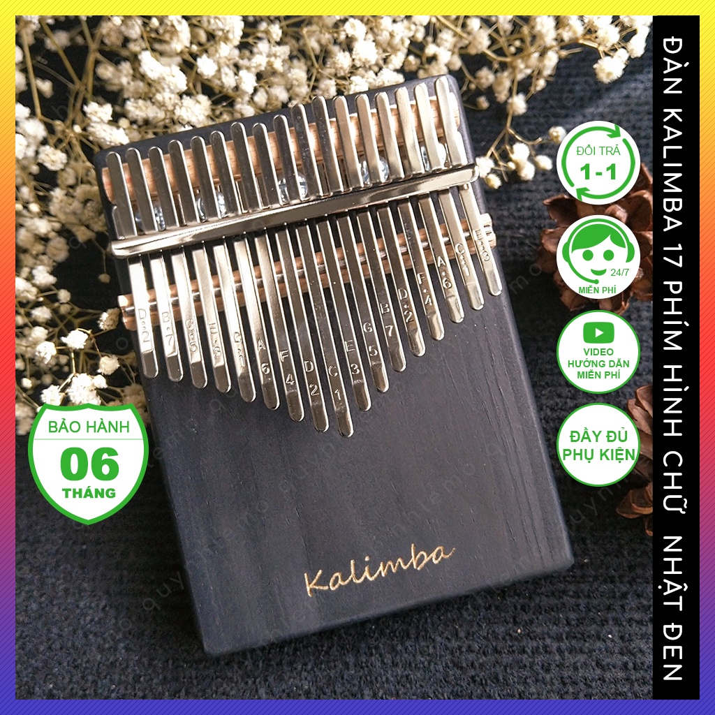 Đàn kalimba 17 phím màu đen hình chữ nhật gỗ nguyên khối khắc chữ kali