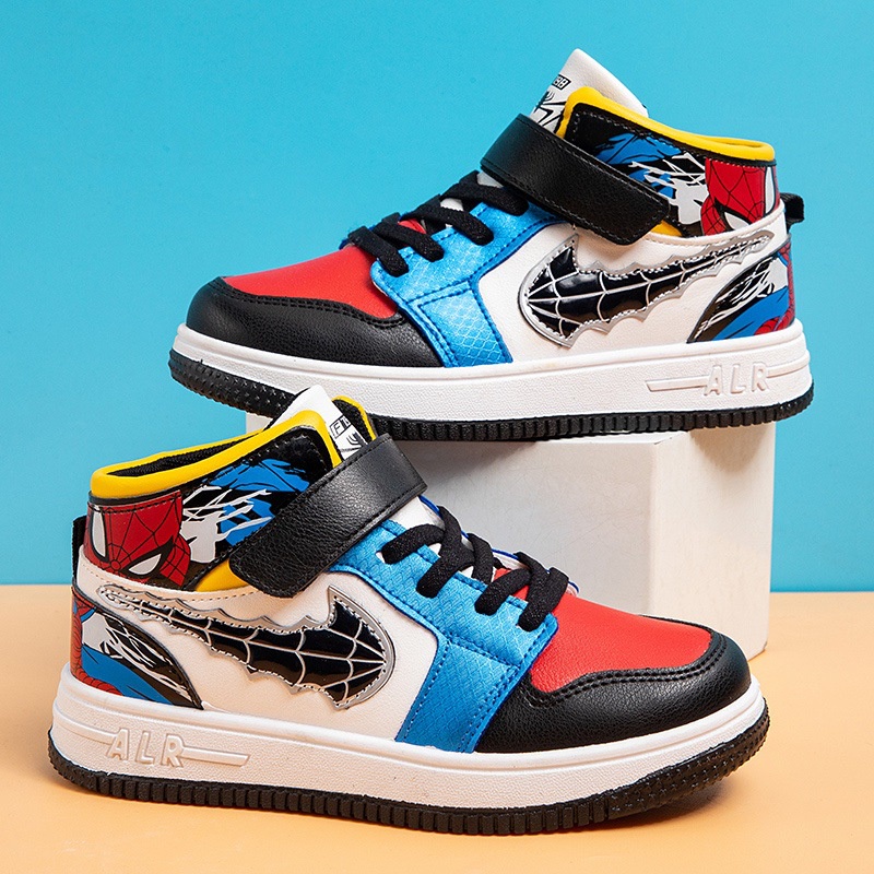 New student leather casual shoes Spider-Man cartoon boys sports single shoes girls Velcro soft bottom tide