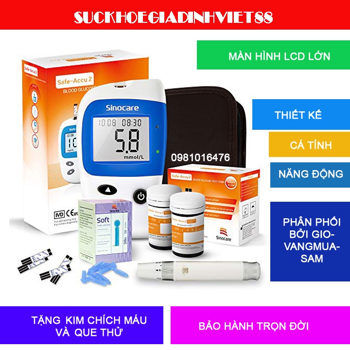 Máy đo đường huyết Sinocare accu2 Bản cao cấp TẶNG que thử + kim chích máu