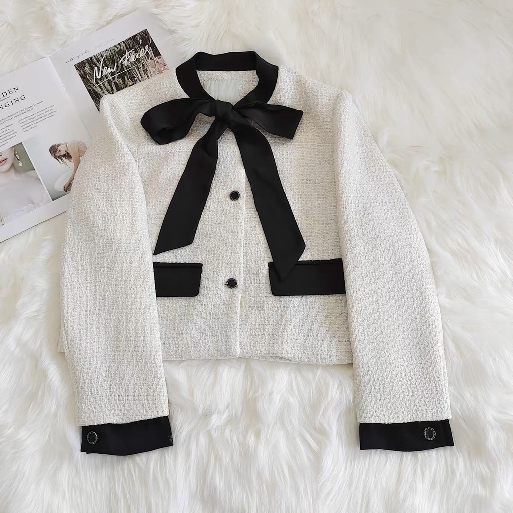 Áo khoác dạ tweed nữ A.389, Áo dạ dài tay 2 lớp nơ đen tay pha đen túi nắp phong cách Hàn Quốc - Thời trang nữ Chấm Bi