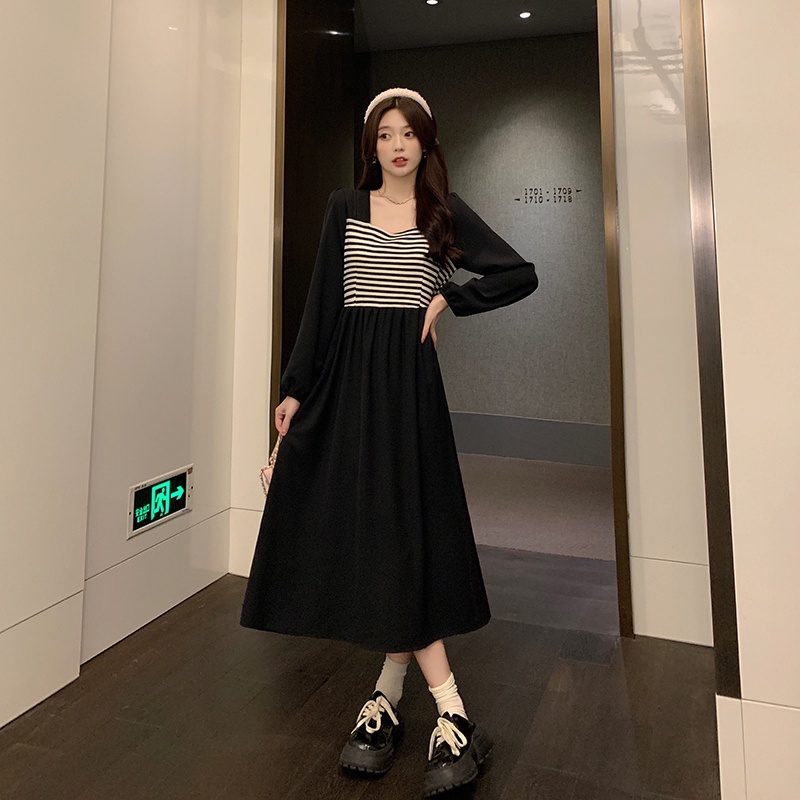 Đầm maxi SUXI dài tay cổ vuông họa tiết kẻ sọc phong cách Hàn Quốc thời trang cho nữ