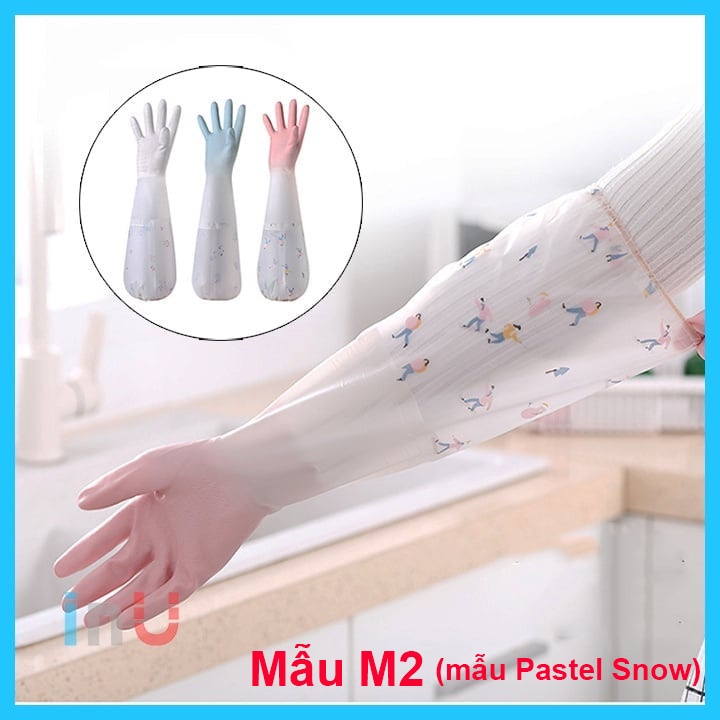 HCM - Găng tay dài rửa chén có thun chống tuột màu Pastel phối trắng có lót nhung và không nhung