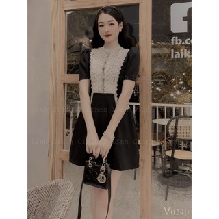 VN924 - VÁY ĐEN PHỐI REN TRẮNG ĐÍNH ĐÁ