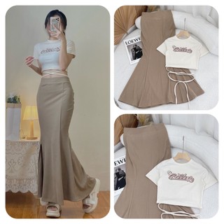 Set áo thun croptop dây eo kèm chân váy thun gân nâu dáng dài